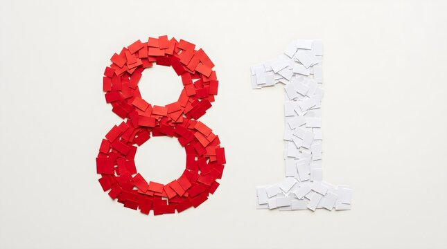 Number 81 Mosaic Made of Red and White Paper Confetti on White Background
