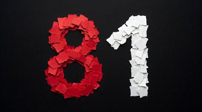Number 81 Formed from Torn Red and White Paper Ripped Pieces Mosaic Concept on Black Background