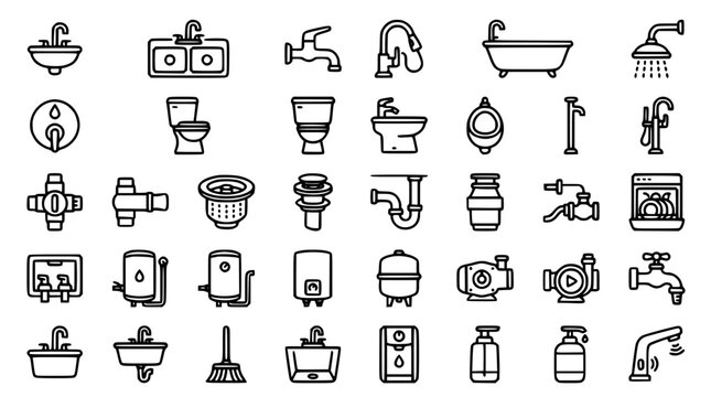 Bathroom fixtures and sanitaryware line icon set featuring sinks toilets bathtubs showers water heaters faucets water pumps and home plumbing hardware vectors
