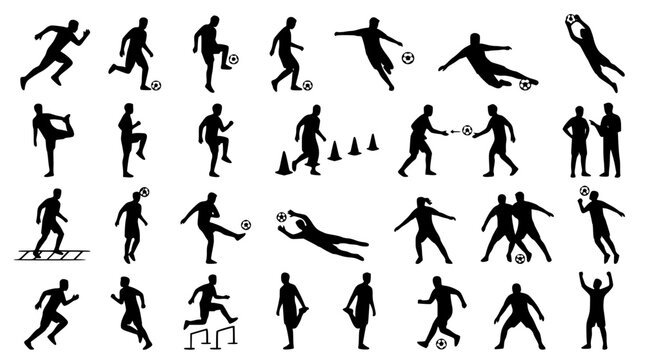 Soccer training and football player silhouette vector set featuring athletes running cone agility drills hurdle jumps diving goalkeepers and team tactics graphics
