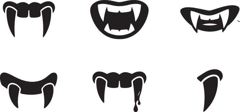 Set of solid black vampire mouth with sharp fangs and dripping for spooky halloween themes.