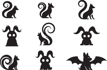 Obraz premium Set of stylized black silhouettes featuring foxes with curled tails, rabbits with long ears, and a bat creature on a white background.