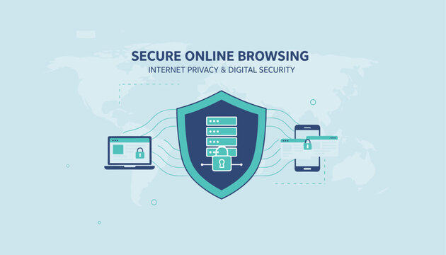 Secure online browsing illustration demonstrating internet privacy and digital security with a shield protecting servers.