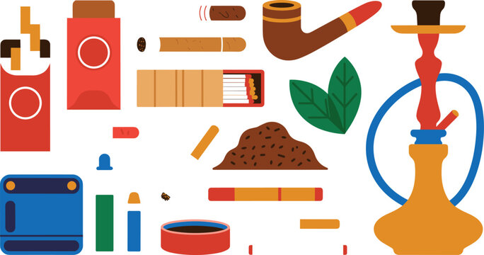 Smoking and Tobacco Product Vector Icon Collection with Hookah Shisha, Cigarette Packs, Cigars, Smoking Pipe, Electronic Vape, and Loose Tobacco Elements