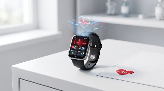 Modern smartwatch featuring ECG, heart rate, blood oxygen monitoring, wellness analytics, and holographic health data streams, symbolizing continuous heart health awareness.