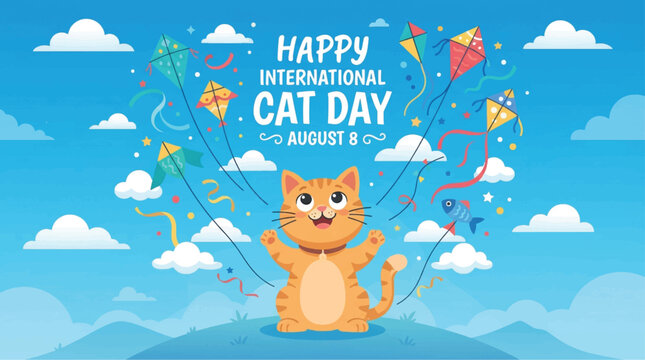 Happy International Cat Day August 8 greeting card, cute ginger cat flying colorful kites in blue sky, flat vector illustration for pet holiday