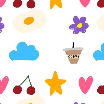 Cute hand drawn seamless pattern featuring coffee cups, cherries, hearts, flowers, clouds and stars in a playful doodle style. Ideal for fabric, wallpaper, wrapping paper, stationery, scrapbook, packa