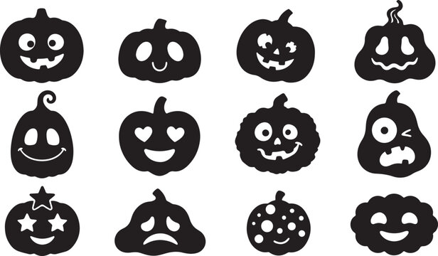 Twelve black pumpkin silhouettes with various carved facial expressions including hearts, stars, and funny faces for halloween themes.