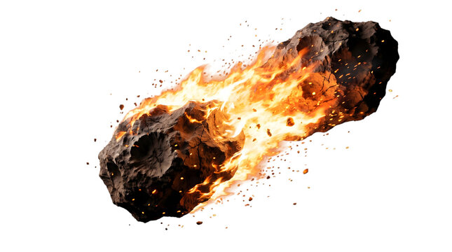 Burning asteroid or falling meteorite with bright flames and sparks isolated on transparent background