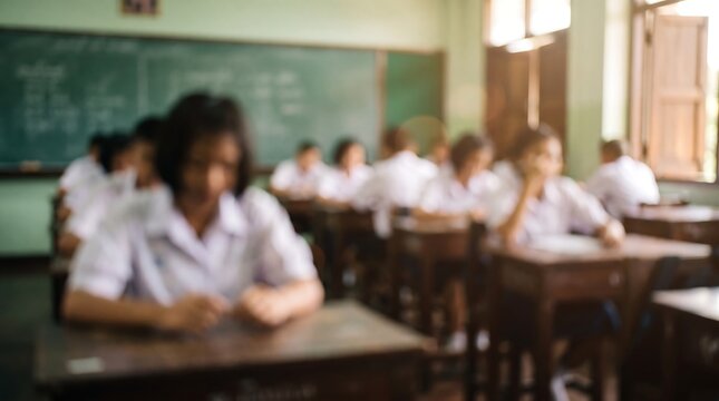 Blurred students sitting at wooden desks in classroom during exam with soft natural light streaming through windows behind them creating a studious academic atmosphere in a local school
