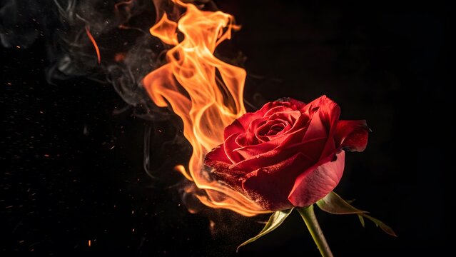 Red rose burning in bright flames. A fiery flower engulfed in fire on black background.