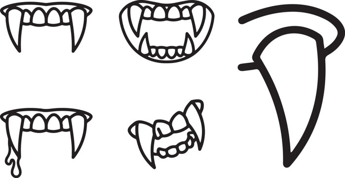 Collection of vampire mouth with sharp fangs and dripping black and white line set for halloween.