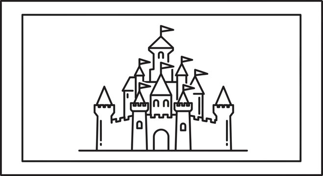 Fairy tale castle outline, fantasy, simple line drawing, royal emblem