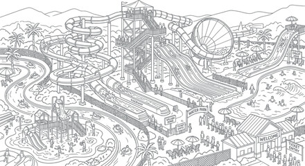 Fototapeta premium Water park coloring page vector illustration, summer aqua park with slides and swimming pools, detailed amusement park line art for kids activity