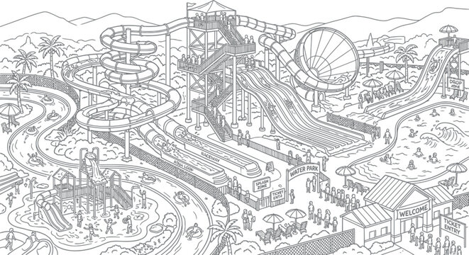 Water park coloring page vector illustration, summer aqua park with slides and swimming pools, detailed amusement park line art for kids activity