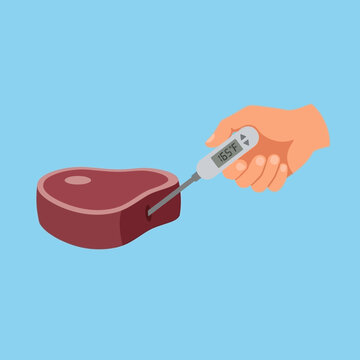 Hand checking steak temperature with digital thermometer, 165&deg;F