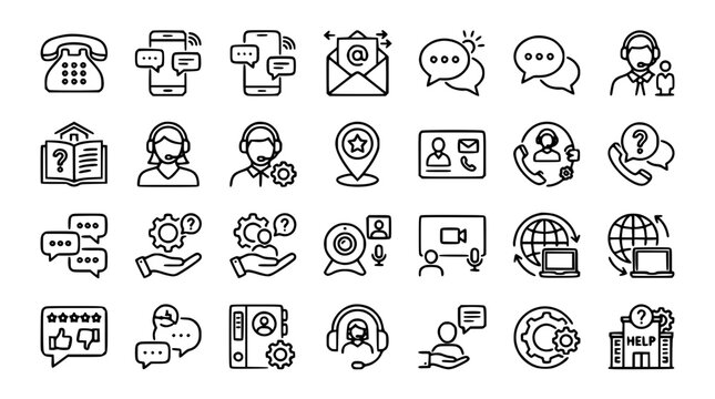  Customer support and call center line icon set featuring operators headsets telephones online chat and feedback symbols