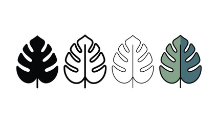 A set of four monstera deliciosa leaf icons presented in different artistic styles and color variations on a transparent background © Sharif
