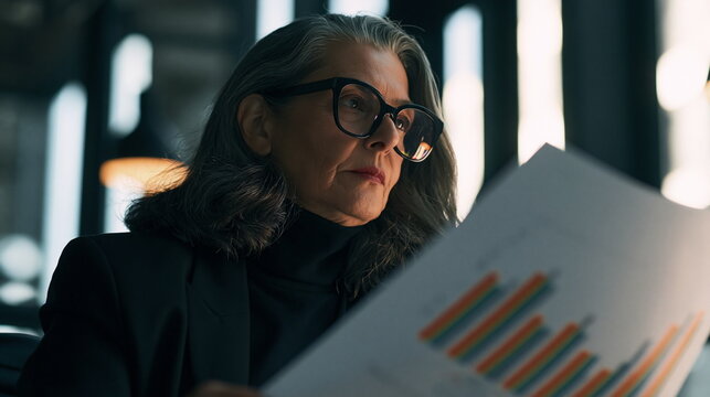 Senior Asian Woman Confidently Presenting Financial Report with Engaging Expression in Contemporary Office Space