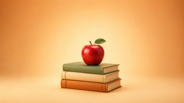 Red apple on top of a stack of books in a clean contemporary commercial