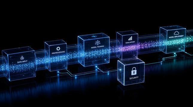 Data cubes float in a linear sequence representing secure cloud storage and network infrastructure connectivity within a dark digital environment designed for enterprise information systems.