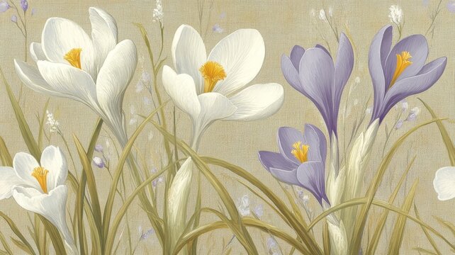 Beautiful spring crocus flowers floral artwork beige textured background wallpaper.