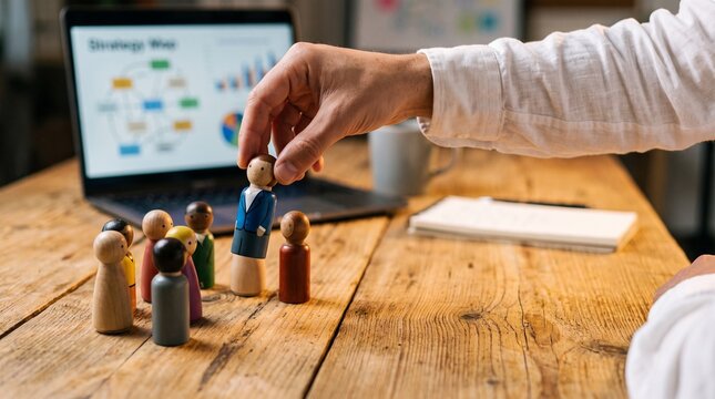 Hand Positioning Diverse Wooden Figures for Organizational Strategy Planning