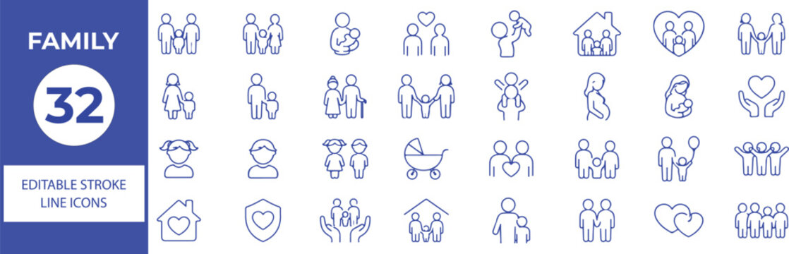 32 Family Vector Outline Icons Set,Parents, Children, Baby, Home, Love, Care and Family Life Line Symbols Collection