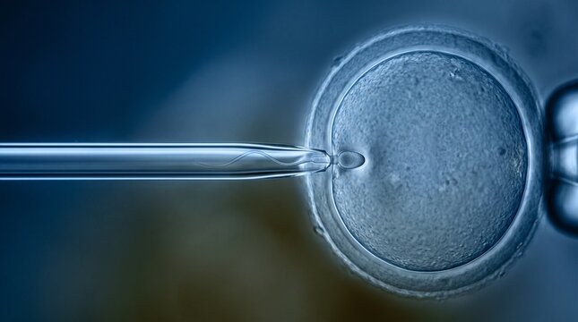 Microscopic In Vitro Fertilization: A close-up scientific view of a micropipette introducing a sperm cell to an ovum for fertility treatment and reproductive research