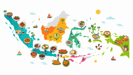 Fototapeta premium Indonesia culinary map vector illustration showing traditional food cuisine from different islands and regions