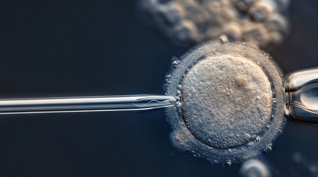 Microscopic In Vitro Fertilization: A close-up scientific view of a micropipette introducing a sperm cell to an ovum for fertility treatment and reproductive research