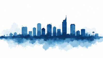 Fototapeta premium Artistic blue watercolor Miami skyline with flowing brush textures on white background