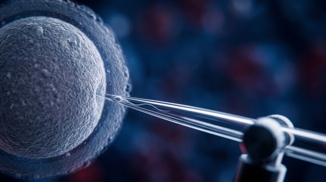 Microscopic In Vitro Fertilization: A close-up scientific view of a micropipette introducing a sperm cell to an ovum for fertility treatment and reproductive research