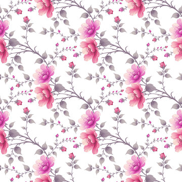 watercolor vines flower and leaves with white bacckground seamless pattern.