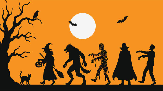Halloween monster silhouettes walking under moon on orange background