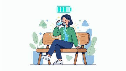 Fototapeta premium Woman Refreshing With Water On A Park Bench To Boost Energy Levels And Stay Hydrated Concept