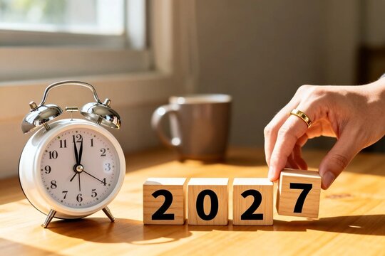 Hand changing wooden blocks to '2027' near alarm clock