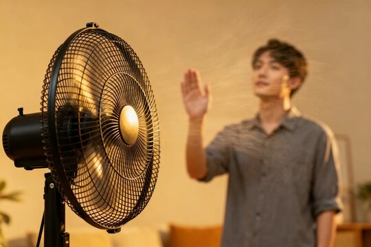 Man Feeling Cool Breeze from Vintage Fan in Warm Room