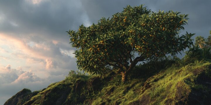 Tree growing on a green hill under a cloudy sky with sunlight illuminating the scene