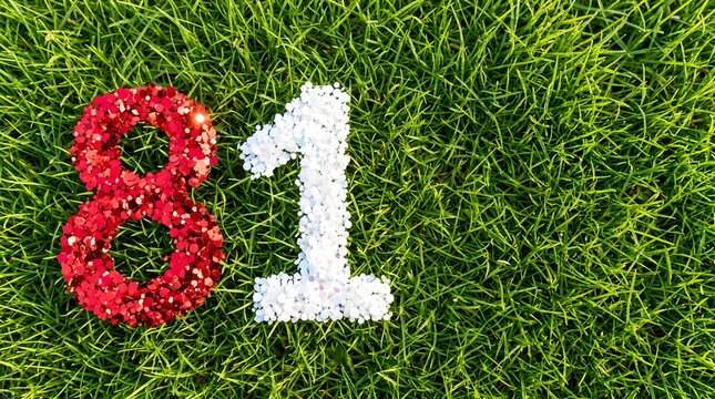 Glitter Number 81 Made of Red and White Confetti on Green Grass Background