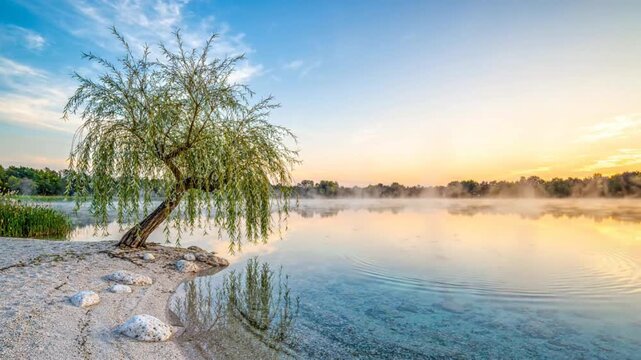 A serene willow tree by a calm lake at sunrise with misty water reflections and soft morning light