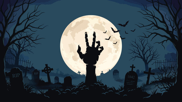 Zombie hand rising from grave in cemetery under full moon at night