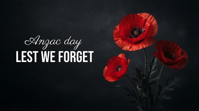 Anzac day remembrance background with red poppy flowers and the text lest we forget on dark background