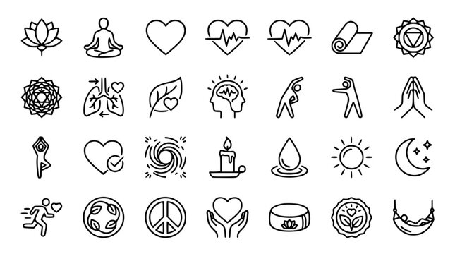 Wellness icon set featuring vector line art of yoga positions meditation lotus flowers chakras and healthy lifestyle symbols