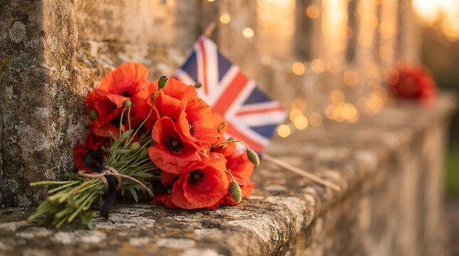 A bouquet of red poppy flowers and a small british flag placed on a stone memorial wall
