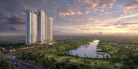 Naklejka premium Modern high rise residential buildings and landscape at sunset with water