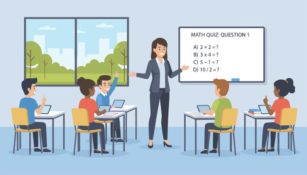 Friendly teacher conducts a math quiz in a modern classroom as students raise their hands to answer the question.