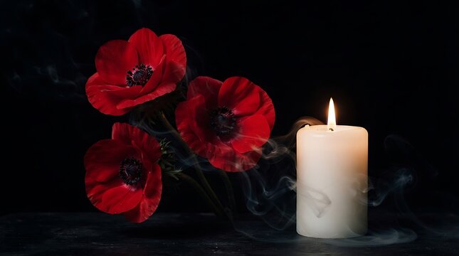 A glowing white pillar candle beside a beautiful bouquet of vibrant red poppies against a dark background