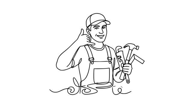 Handyman carpenter vector illustration featuring continuous line art of repairman holding tools and making telephone call gesture