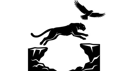 Leopard jumping across chasm vector stencil icon with flying hawk predator bird for wilderness safari and adventure team emblem © Md Imran